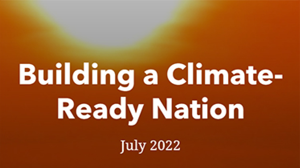 Building a climate-ready nation, July 2022 text overlaid on a sunset background