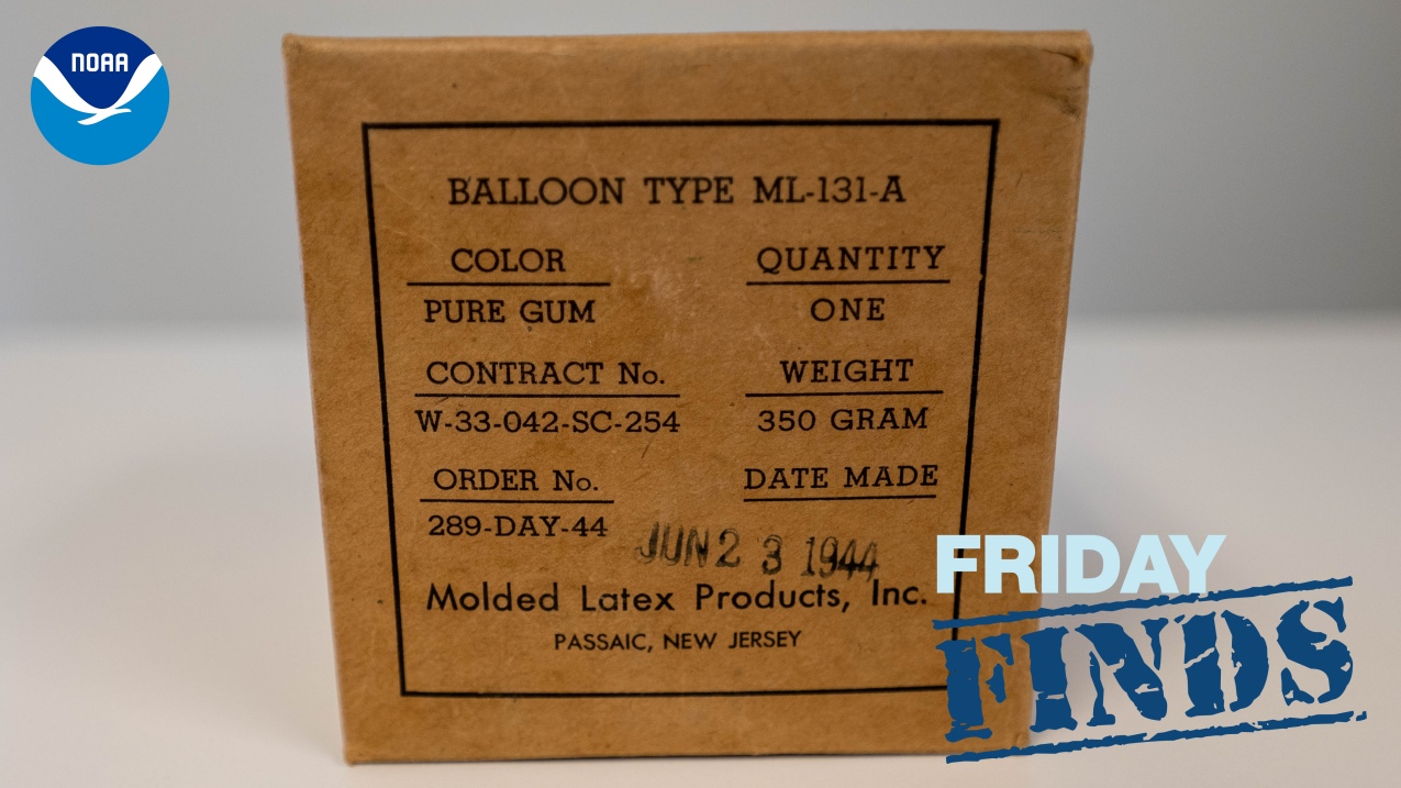 Photo of a small box labeled, “BALLOON TYPE ML-131-A”, COLOR: PURE GUM, QUANTITY: ONE, CONTRACT No.: W-33-042-SC-254, WEIGHT: 350 GRAM, ORDER No.: 289-DAY-44, DATE MADE: JUN 23 1944 (stamped on), Molded Latex Products, Inc., PASSAIC, NEW JERSEY"