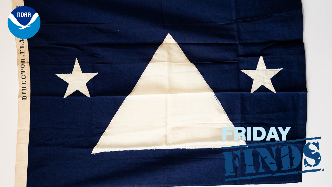 The flag of U.S. Coast and Geodetic Survey Director Rear Admiral Lee Otis Colbert. It is a blue field with a large white equilateral triangle in the center and two smaller stars on either side. The hoist has two brass grommets and is marked “DIRECTOR.FLAG. NO 2.”