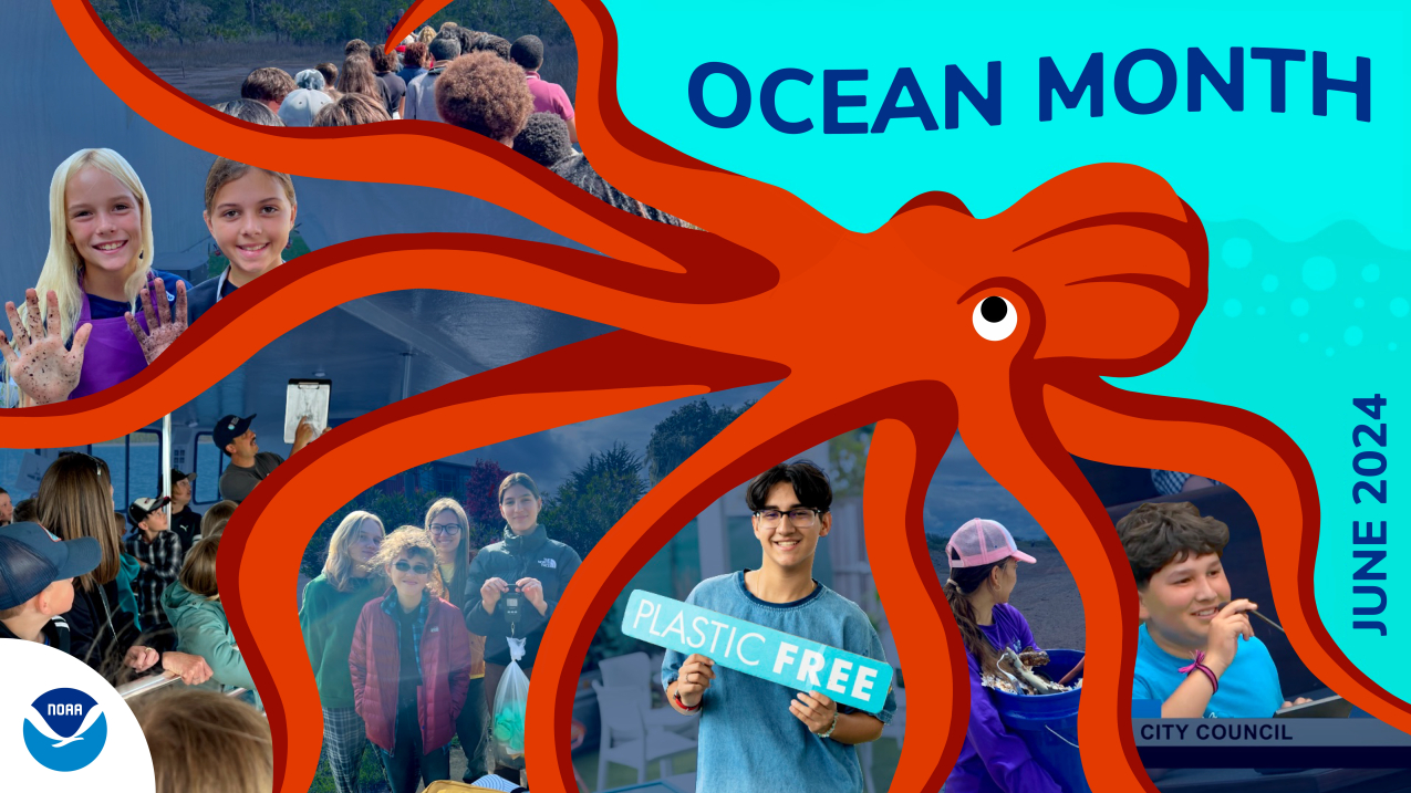 A graphic of an octopus across the image. In the cutouts between each of its arms are images of participants of education programs including students cleaning up trash from beaches and learning in classrooms. To the side, there is the text "Ocean Month June 2024."
