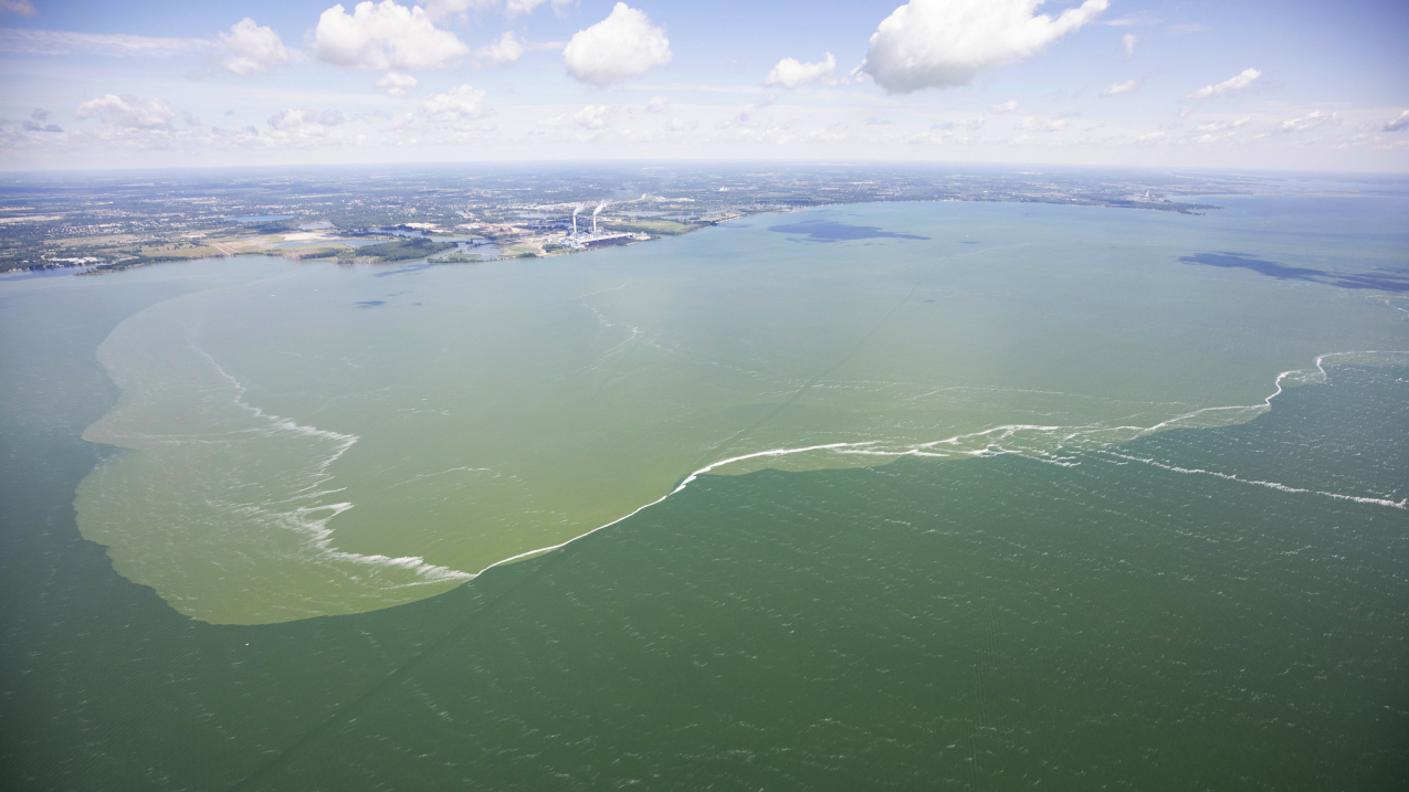 Aerial view of a harmful algae bloom near the smokestacks of DTE Energy’s Monroe Power Plant in Monroe, Mich., on Lake Erie’s western shore. (Aerial Associates Photography/Zachary Haslick)