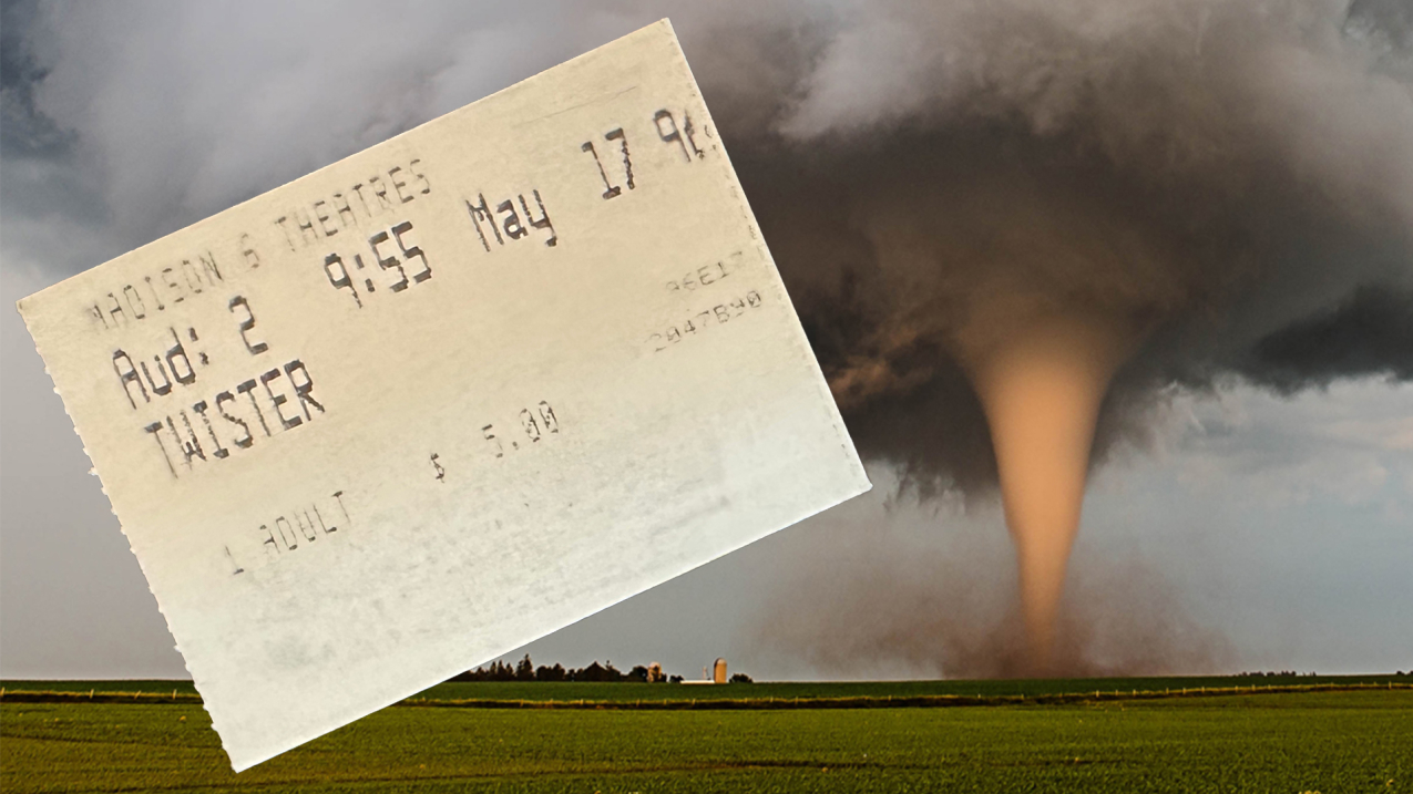 A ticket from a 1996 screening of the movie, “Twister,” superimposed over a tornado blowing through a large field.