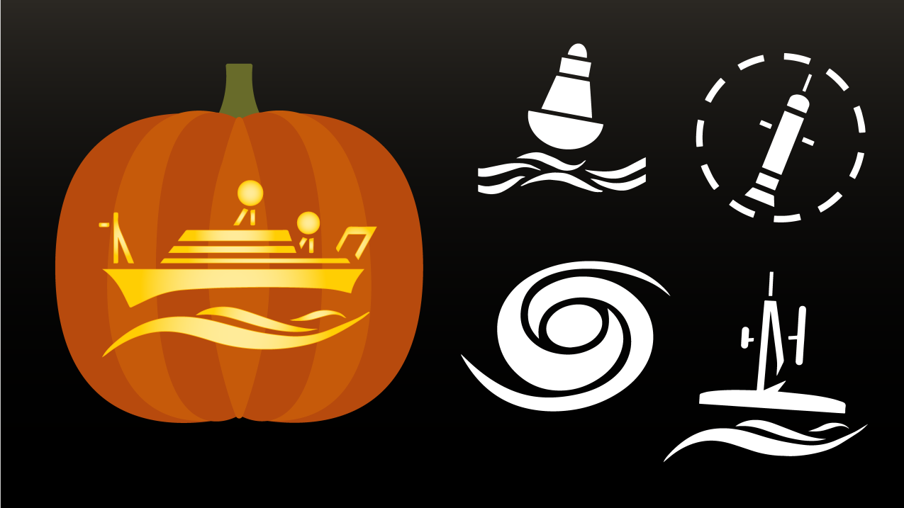 A graphic with a pumpkin with a carved illustration of a ship. Stencils to the side also picture a saildrone, Argo floats, moorings, and a hurricane.