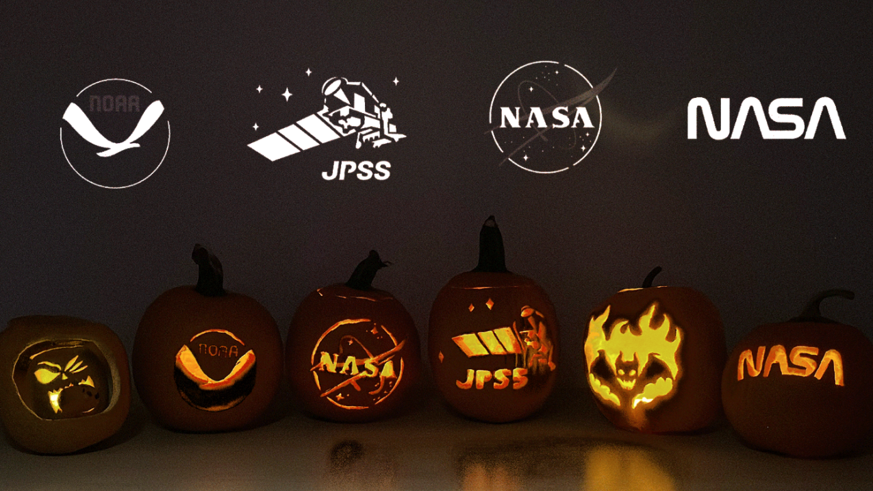 Carved pumpkins flickering in a dark room, with logos of NOAA, JPSS, and NASA above.