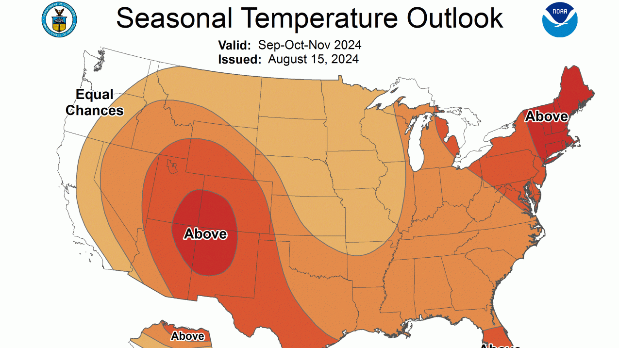 A map of the United States with colored regions showing percent chance in probability of above normal, normal, or below normal levels.