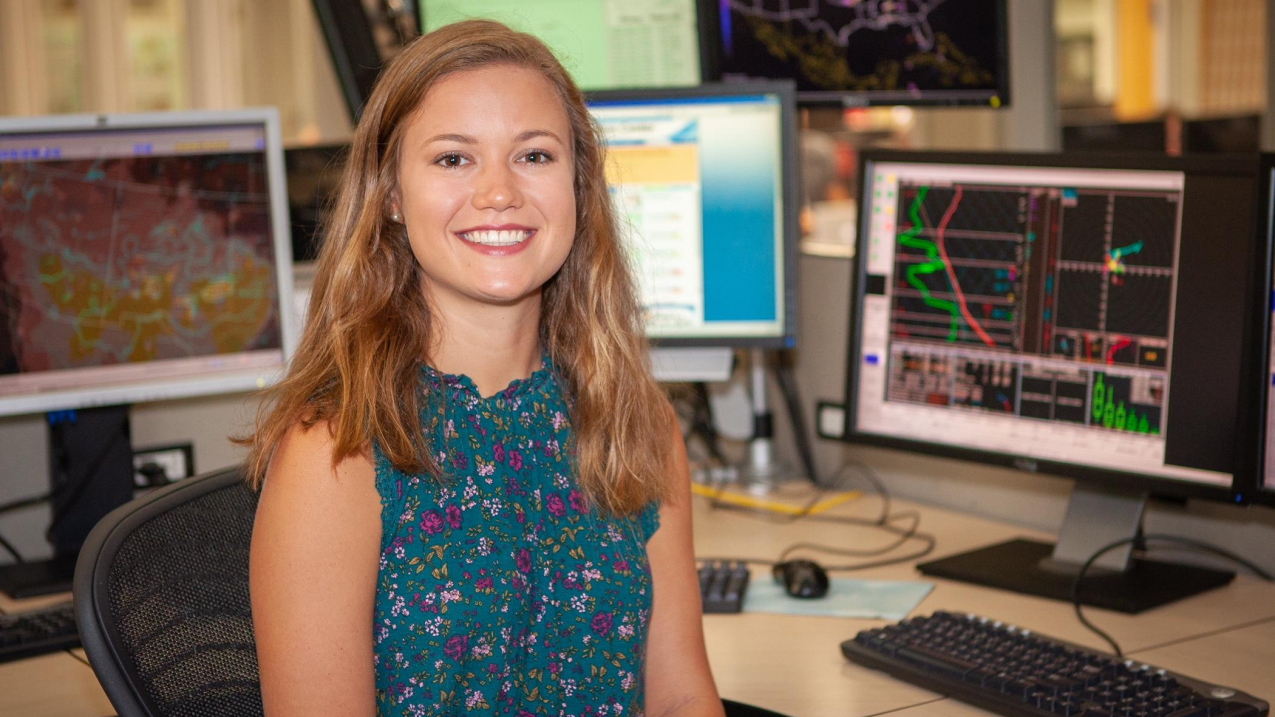 Hollings scholar Caitlin Ford is analyzing Short Range Ensemble Forecast Dry Thunderstorm Probabilistic Model Guidance during her internship with the National Weather Service at the National Weather Center in Norman, Oklahoma. In addition to her research project, Caitlin is shadowing forecasters at the NWS Storm Prediction Center (where this photo was taken) and the Norman Weather Forecast Office this summer to learn more about potential career paths in meteorology.