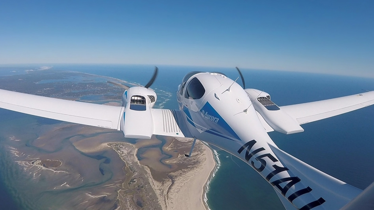 The Centaur flies over Nantucket, Massachusetts, as part of a project to identify great white sharks. The plane was operated remotely from a nearby research vessel.