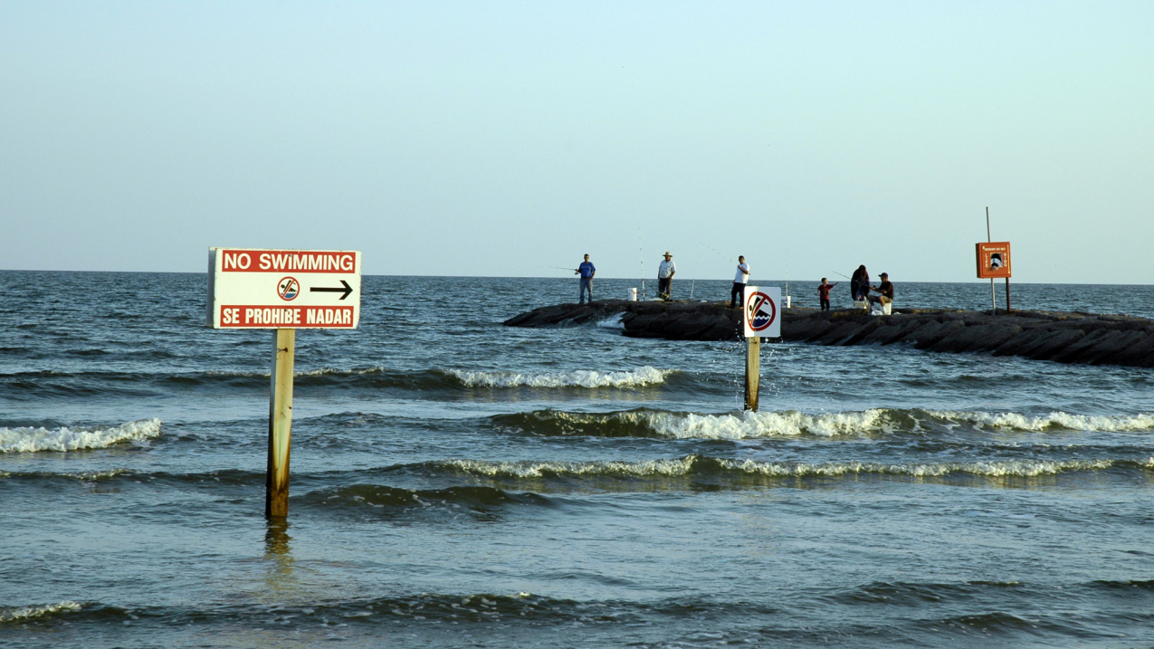 No swimming signs around stone groins, Galveston, Texas. Courtesy of Spencer Rogers, North Carolina Sea Grant. 