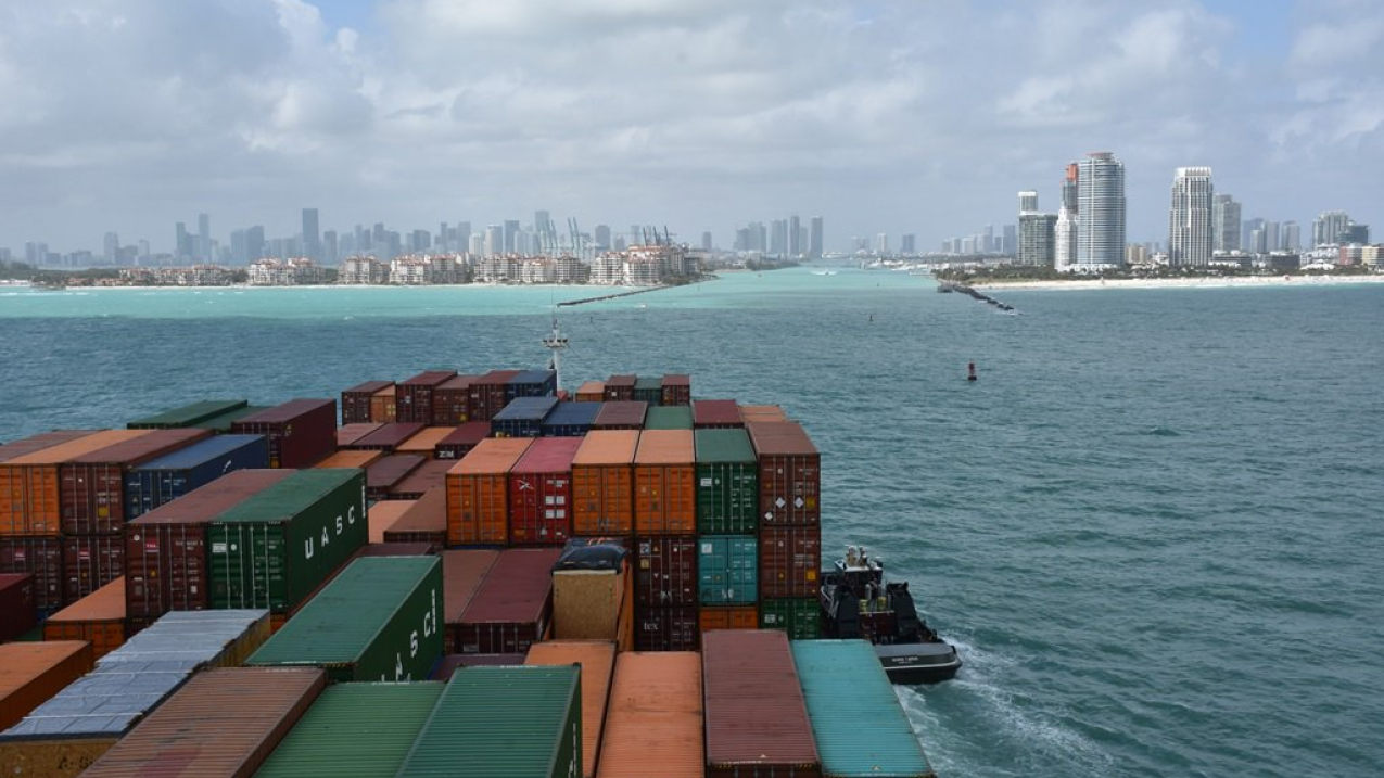 Cargo ship safely entering the port of Miami in Florida.