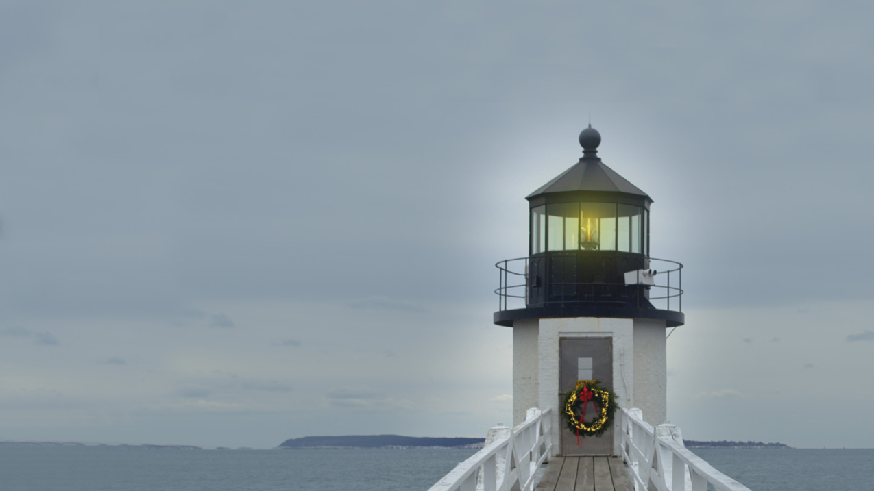 Marshall Point Lighthouse, located Port Clyde, Rockland Maine. The lighthouse is decorated for Christmas holiday season.