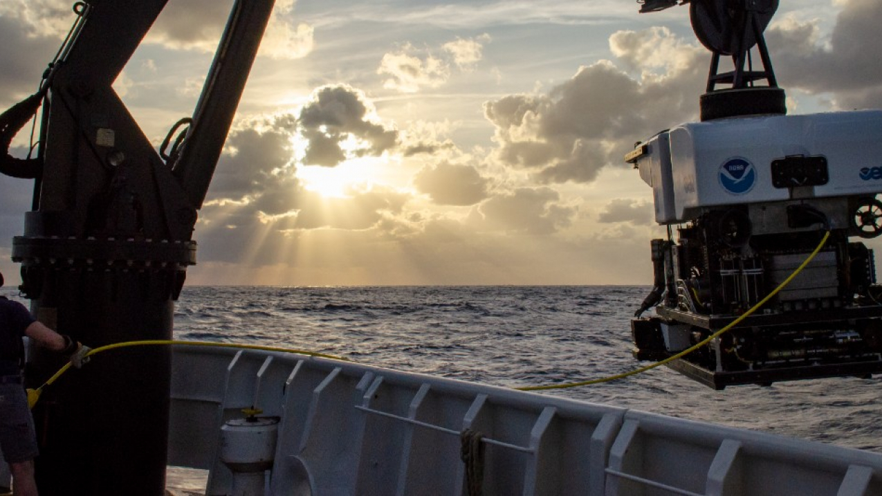 Remotely operated vehicle Deep Discoverer is recovered after a dive to explore within the Stetson-Miami Terrace Deepwater Coral Habitat Area of Particular Concern, off the coast of Florida in November 2019.