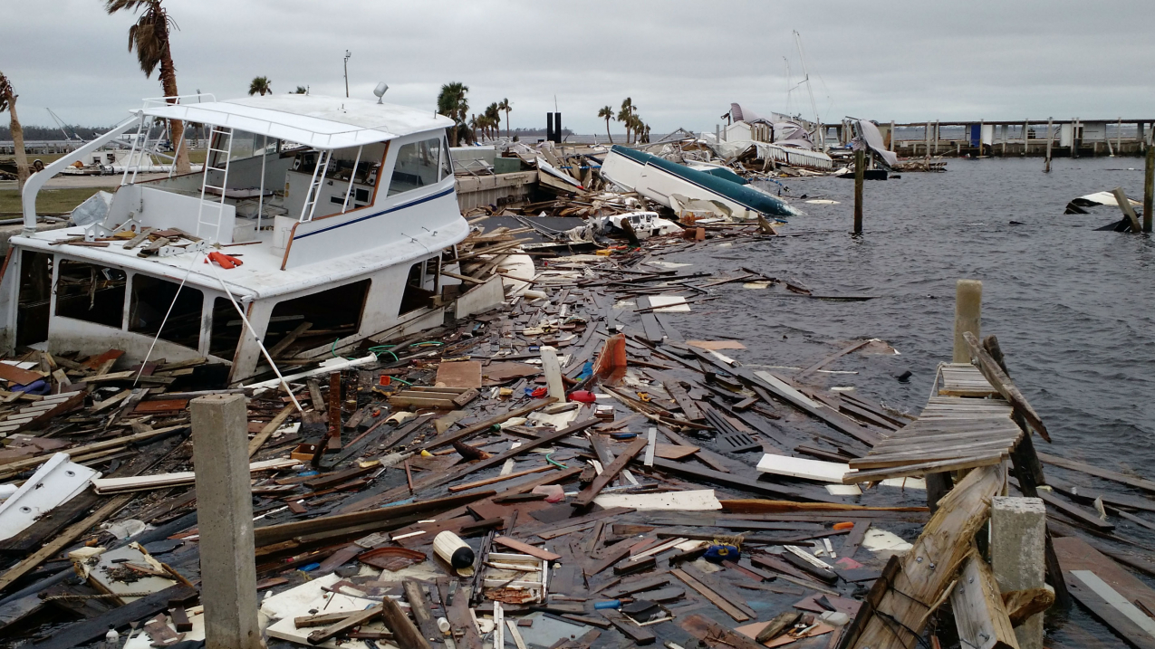 Vessels and other debris in a Panama City, Florida, marina following Hurricane Michael in 2018.