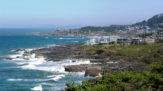 View of a coastline with white waves and houses near the water