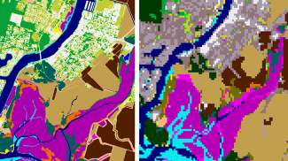 Map image showing the difference between 30-meter and high-resolution land cover data can mean the difference between seeing large amounts of impervious surface versus neighborhoods with patches of forested area. The image on the right shows 30-meter land cover data for Shelter Bay in Skagit County, Washington, while the image on the left shows the same area with 1-meter high-resolution land cover data, making the product 900 times more detailed.