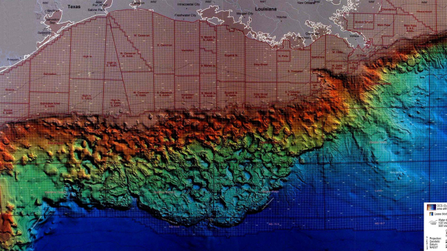A colorful 3D map of the sea floor in the Gulf of Mexico