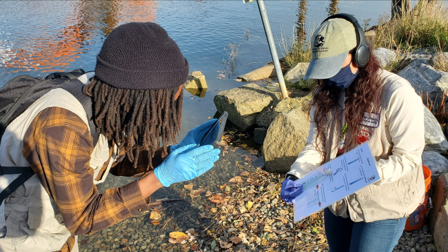 Two people stand along the stream. One is using a tablet to film the other. The one being filmed holds a tube of clear liquid up to a data sheet that is used to compare liquid color. 