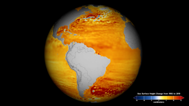 Graphic of globe showing sea surface height change from 1992 to 2019. 