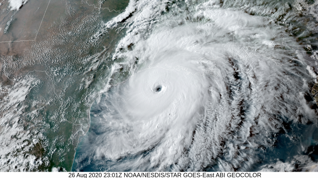 NOAA GOES-16 GeoColor Satellite Image of Hurricane Laura at 2301 UTC (6:01 PM CDT) on August 26, 2020.