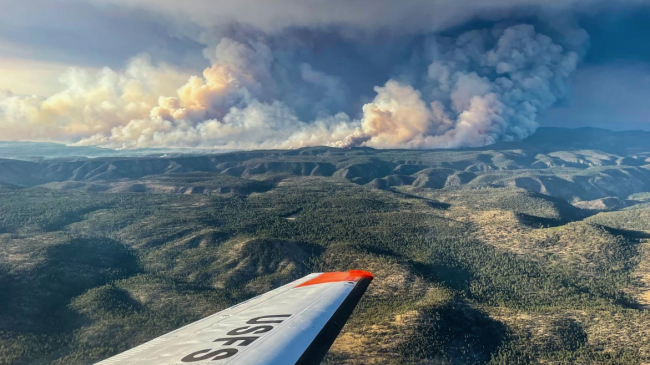 This photo depicts the plume of smoke billowing from New Mexico's Black Fire, the second-largest fire in stat history, from a US Forest Service airplane conducting a surveillance flight on May 18, 2022. 