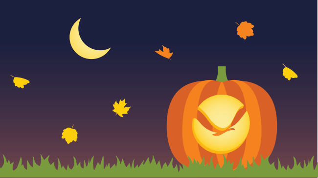 A graphic with fall-colored leaves falling onto the ground. The leaves spell out "Fall" with text underneath that says "in love with science." The graphic also features a jack-o-lantern with the NOAA logo, a pile of leaves, and a crescent moon.