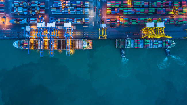 Aerial view of loading containers at a shipyard