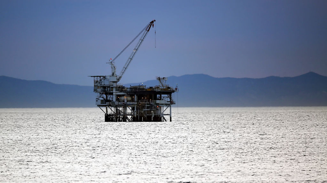 The oil drilling platform Holly, approximately two miles off the shore of Huntington Beach, California. 
