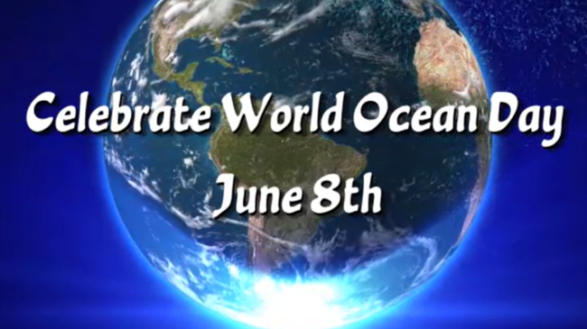 Screenshot from the Ocean Today video "World Ocean Day" with the words "Celebrate World Ocean Day June 8th with a picture of the globe in the background.