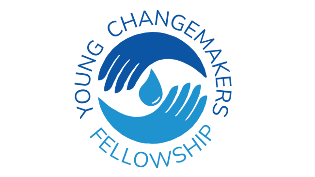 Two hands in NOAA blue encircle a water droplet, with the words "Young Changemakers Fellowship" forming a circular border around the logo.