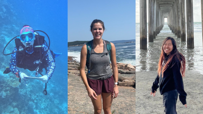 Three young women with a desire to protect the ocean. From left to right: Chloe underwater scuba diving; Claire with a backpack hiking along a rugged coastline; and Kristi at the beach near the underside of a pier. 