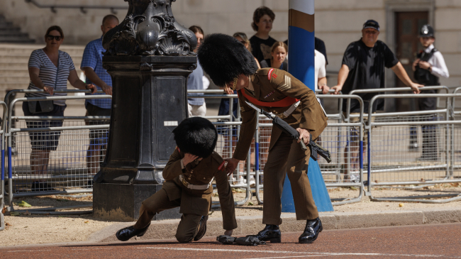 A cavalry guard passes out June 24, 2024 in London, England, during a procession rehearsal for a state visit. Europe saw its second-hottest June on record in 2024. Credit: Getty Images.