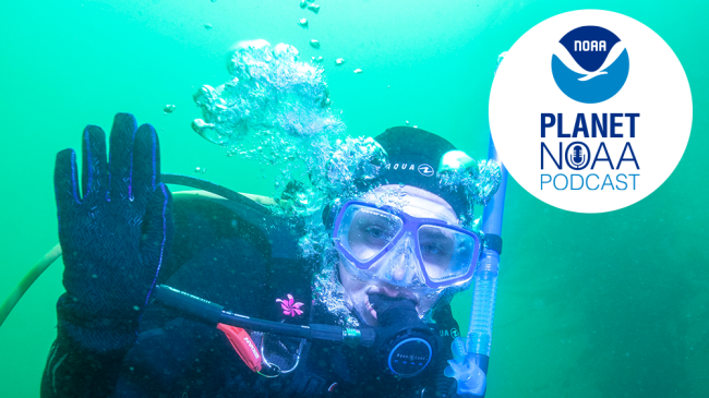 Hannah Brady, a 2018 NOAA Hollings scholar, waves to the camera after having finished taking pre-construction photos of the Monterey Bay Aquarium pipe for her summer internship. Credit: Chad King - NOAA/MBNMS.