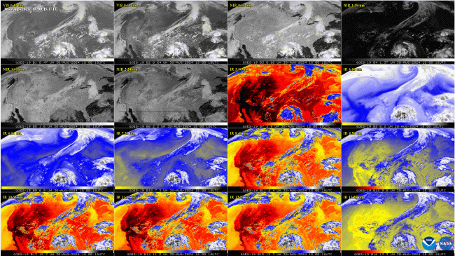 This GOES-19 image shows the contiguous United States observed by each of the ABI’s 16 channels on Aug. 30, 2024. This 16-panel image shows the ABI’s two visible, four near-infrared and 10 infrared channels. The visible and near-IR bands are gray-colored, while the infrared bands have the warmer brightness temperatures mapped to warmer colors. The different appearance of each band is due to how each band reflects or absorbs radiation. Each spectral band was scanned at approximately the same time, starting a