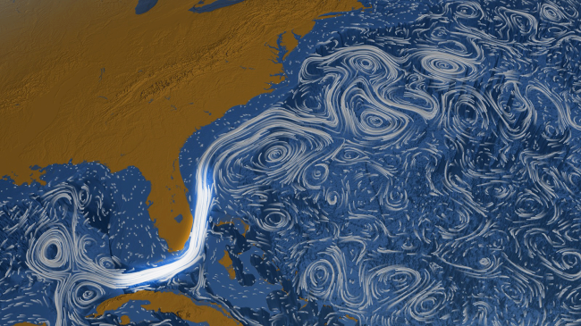 Nasa visualization of ocean currents in the Gulf of Mexico and Atlantic Ocean, with the Florida Current highlighted.