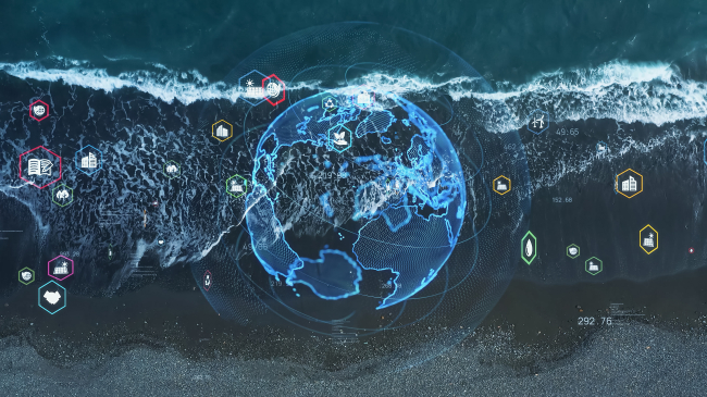 Image showing global data dashboard overlaid on top of breaking waves.