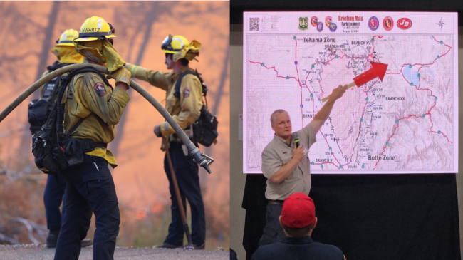 Left: July 25, 2024: Emergency responders on the scene at the California Park Fire. Right: August 8, 2024: National Weather Service Incident Meteorologist Ryan Walbrun briefs the CalFire Incident Management Team on smoke trajectory and impacts while deployed on the Park Fire.