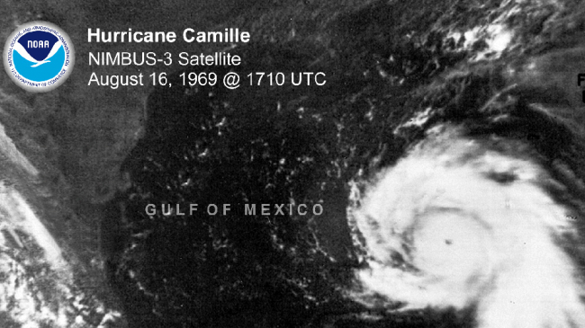 This image of Hurricane Camille was captured by NIMBUS-3, an early generation weather satellite, on August 16, 1969.