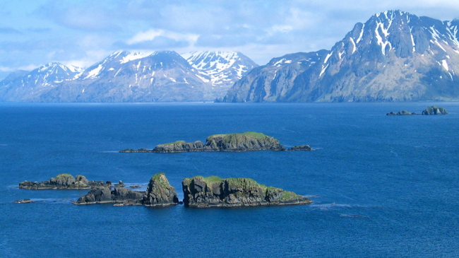 Rugged coastal scenery in the Aleutian Islands.