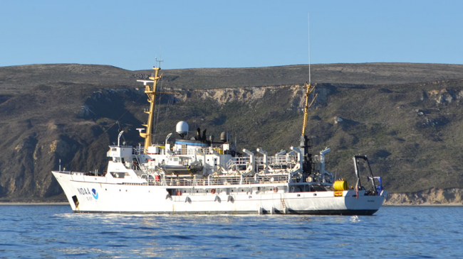 NOAA Ship Rainier anchored in Cuyler Harbor adjacent to San Miguel Island, California.