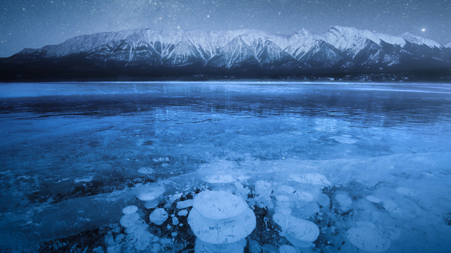 Methane bubbles trapped in ice on Abraham Lake, in Alberta, Canada, during winter 2016-17. In the summer, the gas (produced by microbes in the lake sediments) escapes into the air—a process scientists have demonstrated with unconventional methods.