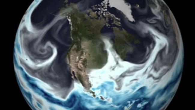 Published on May 11, 2016
NOAA's Global Forecast System model visualized on NOAA’s Science on a Sphere. Gray, blue and white colors depict moisture in the atmosphere on May 11, 2016, over North America. 