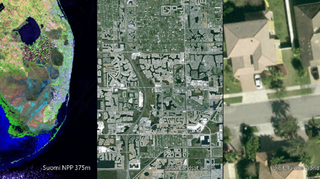 Satellite imagery comparison from low to hi-resolution.
