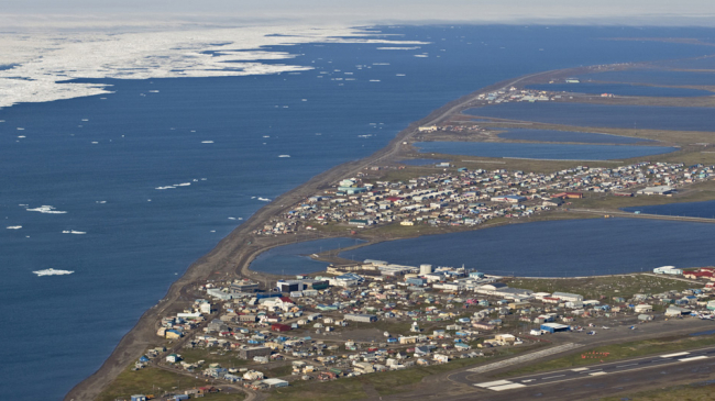 Utqiagvik (Barrow), Alaska, on the edge of the Arctic Ocean, during the spring ice break-up.