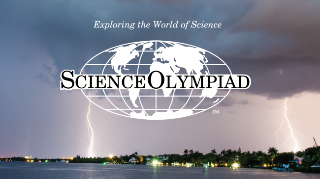 The Science Olympiad logo on top of a thunderstorm cityscape.
