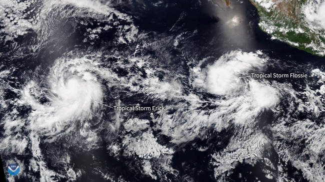 A July 28, 2019, satellite image (labeled) of Tropical Storms Erick (left) and Flossie (right) strengthening in the Pacific. 