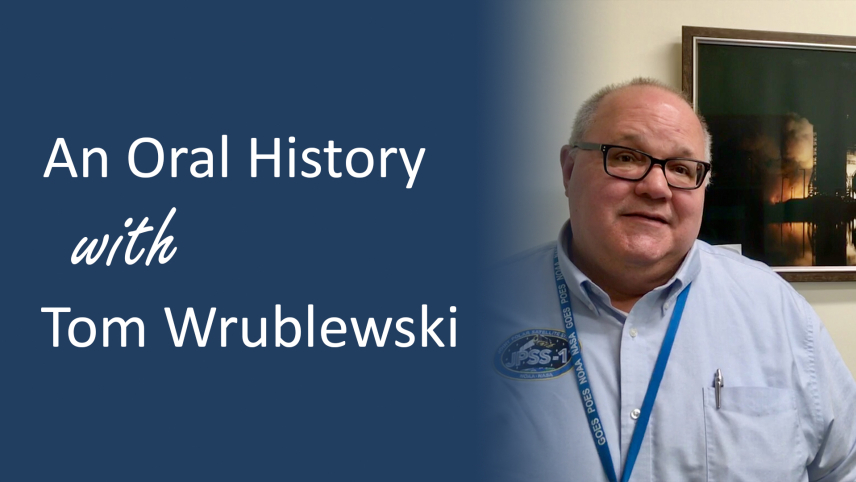 The words "Oral History with Tom Wrublewski" in white over a blue gradient, with a photo of Mr. Wrublewski to the right.