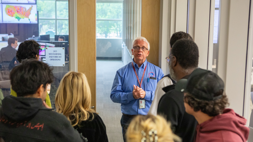 Rick Smith, meteorologist with the NOAA National Weather Service Forecast Office in Norman, Oklahoma, provided tornado information and a facilities tour to the cast of Twisters in May, 2023.