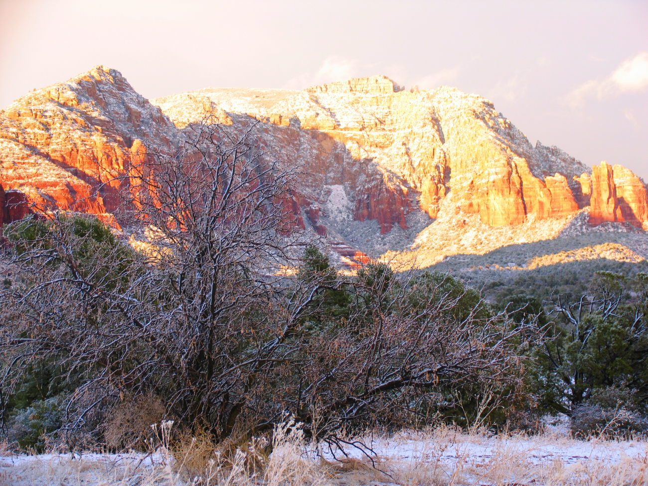 A majestic scene of sandstone mountains dusted with snow and valley oaks andpinion pines