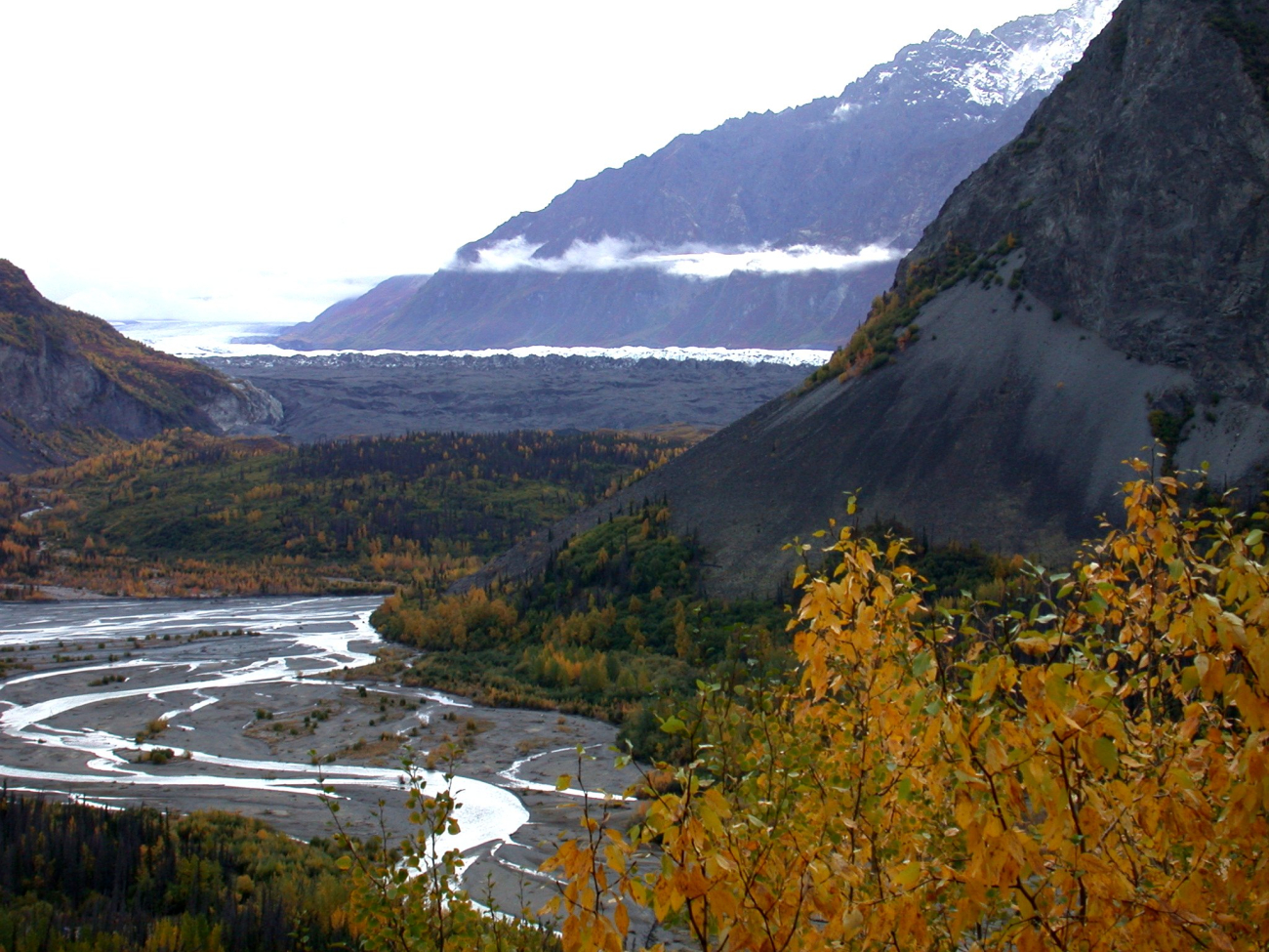 Looking towards a glacier with its braided outwash stream below