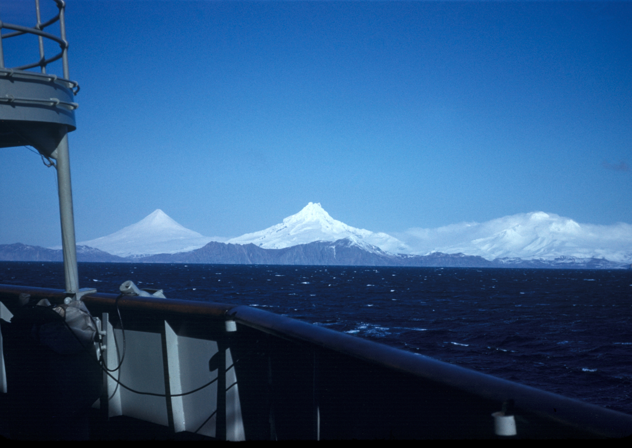 From left to right, Shishaldin, Isanotski, and Round Top volcanoes makea grand spectacle