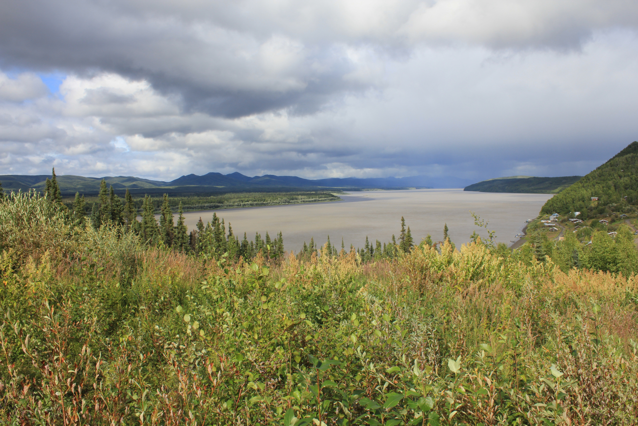 Looking upriver at Ruby on the Yukon River on a sunny afternoon
